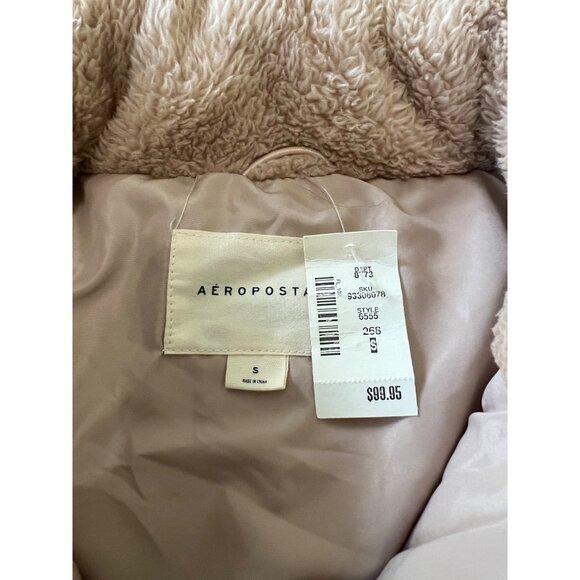 Aeropostale Faux Fur Coat Full Zip Beige Cream Fuzzy Neutral Soft Winter S NEW - Picture 4 of 8